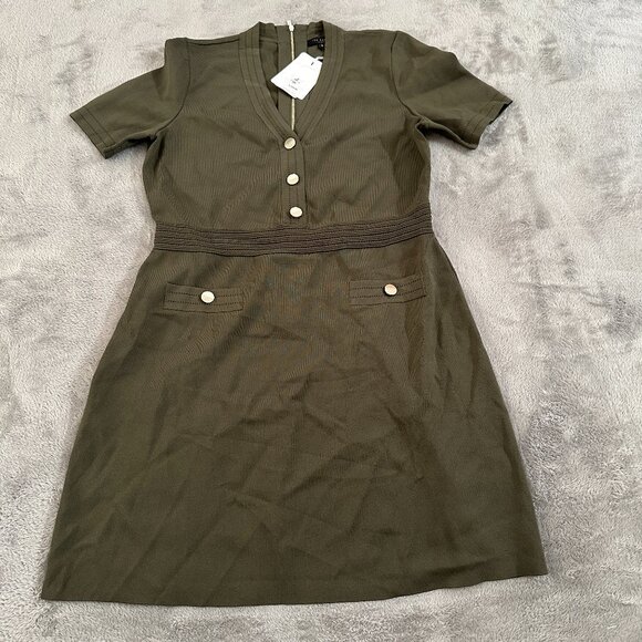 NWT Ted Baker Katanna Utility Stretch Knit Olive Green Dress Size 5 US 12 Large - Picture 1 of 8